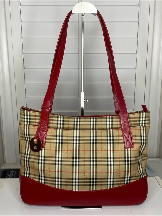 Burberry Handbags - Burberry Nova Check Tote with Red Trim and Handles